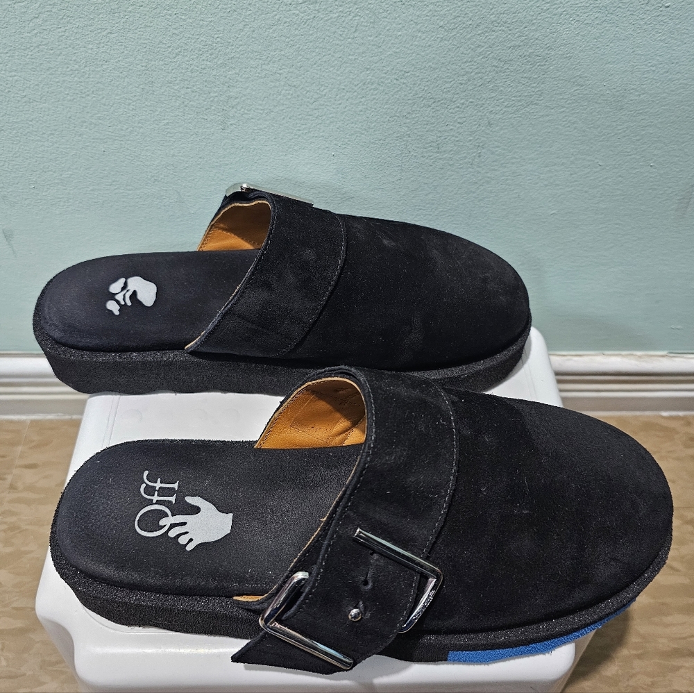 OFF-WHITE Black Leather Suede Sponge Sole Unisex Clogs Mules Slides sz 40 - Picture 4 of 11